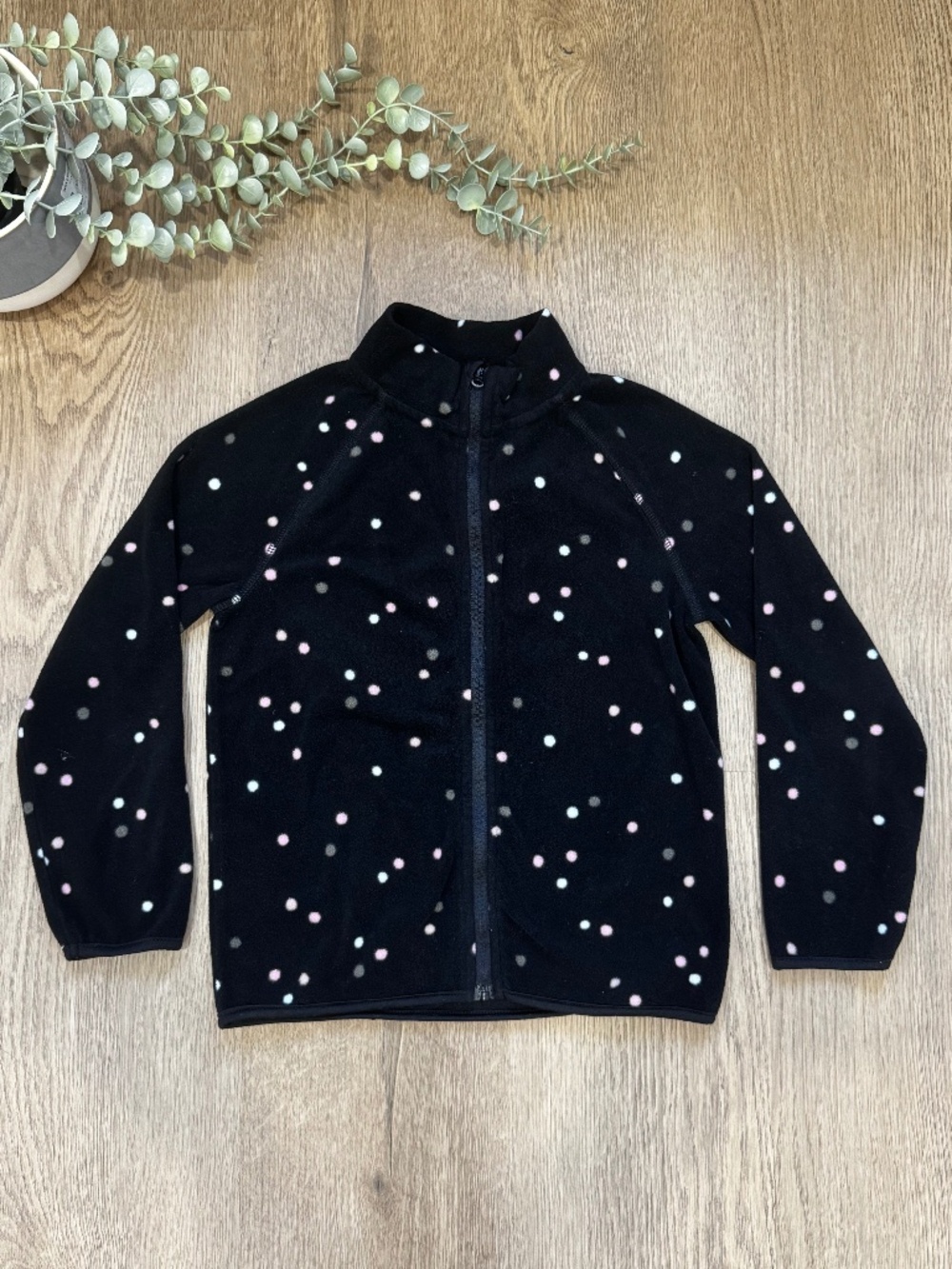H&M Girls 6X/7 Black Polka Dot Fleece Full Zip Jacket